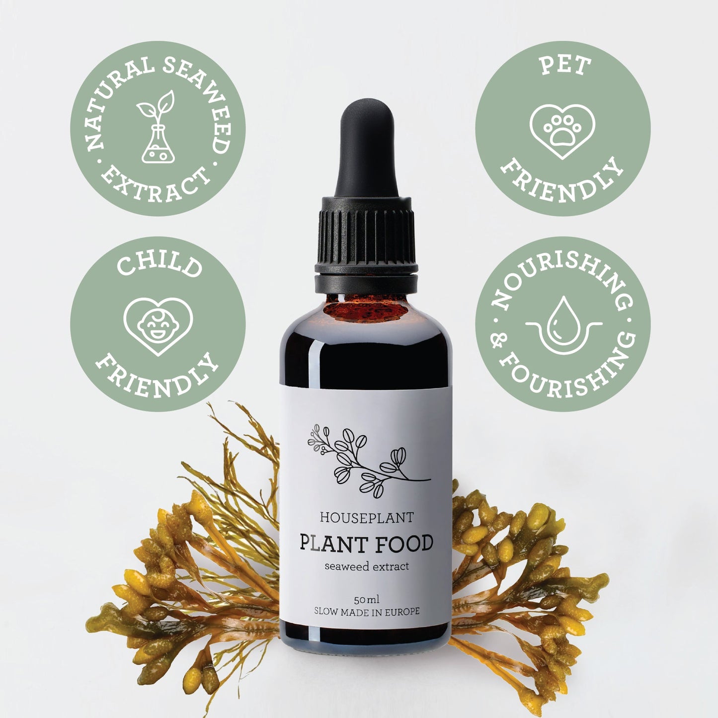 PLANT FOOD 100% havsalg-extrakt. Näring för inomhus-växter. 50 ml glasflaska med pipett.